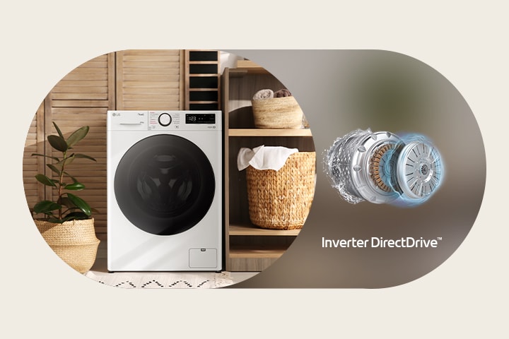 Hay una lavadora en la lavandería y a su lado un motor Inverter DirectDrive™.