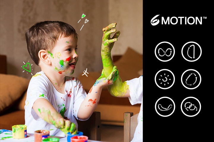 Niños jugando con pintura en la cara y ropa. Al lado de la imagen, aparecen seis iconos que se corresponden con 6Motion.
