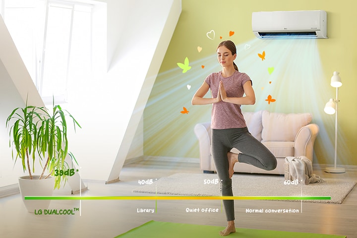 The air conditioner is quietly activated behind a woman doing yoga with her eyes closed.