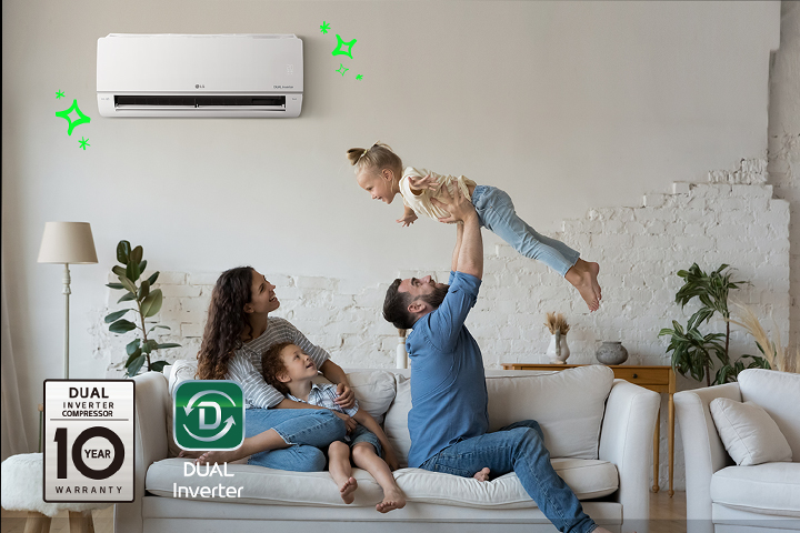 There is an air conditioner that has a shiny effect on top of the happy family.