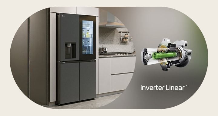 The LG's refrigerator and LG Inverter Linear Compressor™ are visible side by side.	