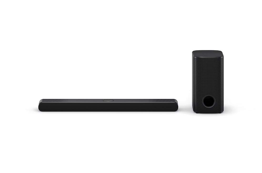 LG Soundbar for TV med Dolby Atmos 3.1.3-kanal S77TY, Vinklet visning ovenfra av LG Soundbar S77TY og subwoofer, NS77TY