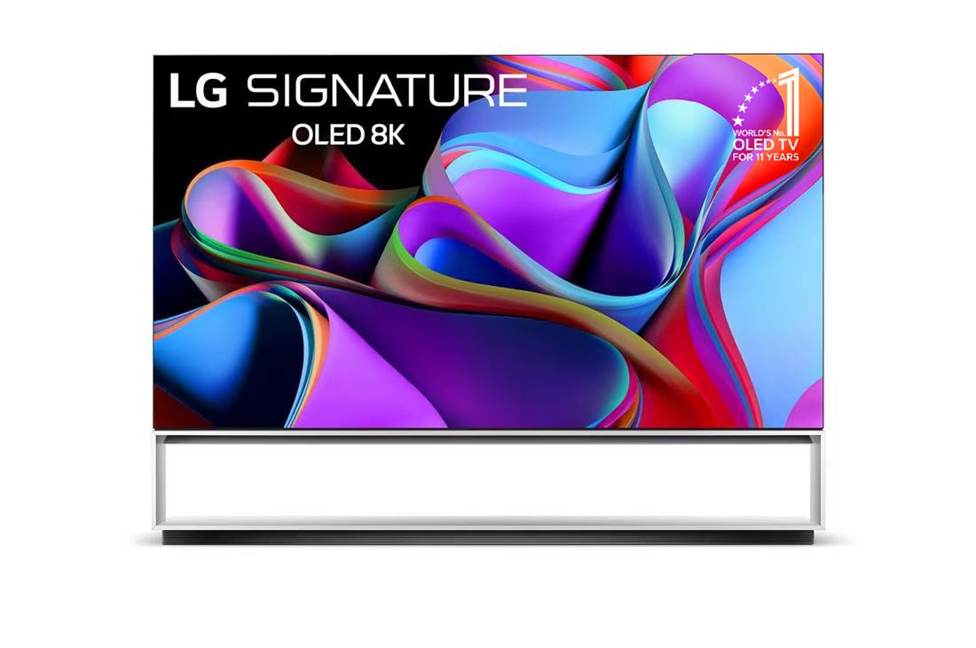 LG 2023 LG SIGNATURE OLED 88inch 8K Smart TV, Front view with LG OLED 8K evo, 10 Years World No.1 OLED Emblem, and 5-Year Panel Warranty logo on screen., OLED88Z36LA