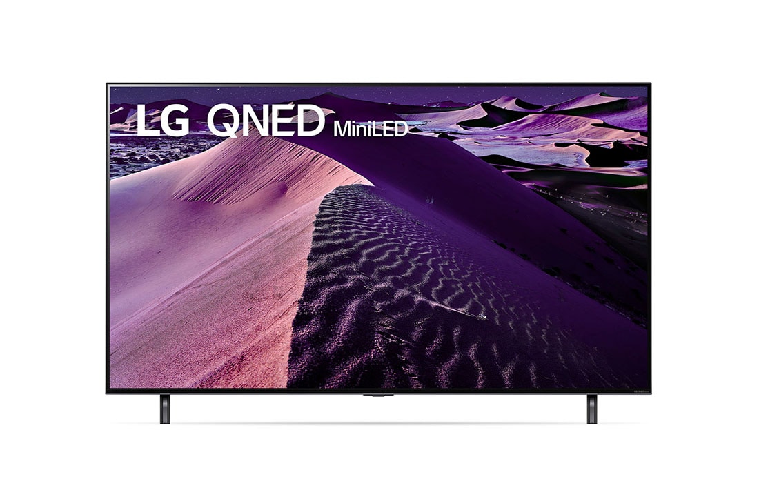 LG QNED 75 Inch TV With 4K Active HDR Cinema Screen Design from the QNED85 Series, 75QNED856QA_A front view of the LG QNED TV with infill image and product logo on, 75QNED856QA