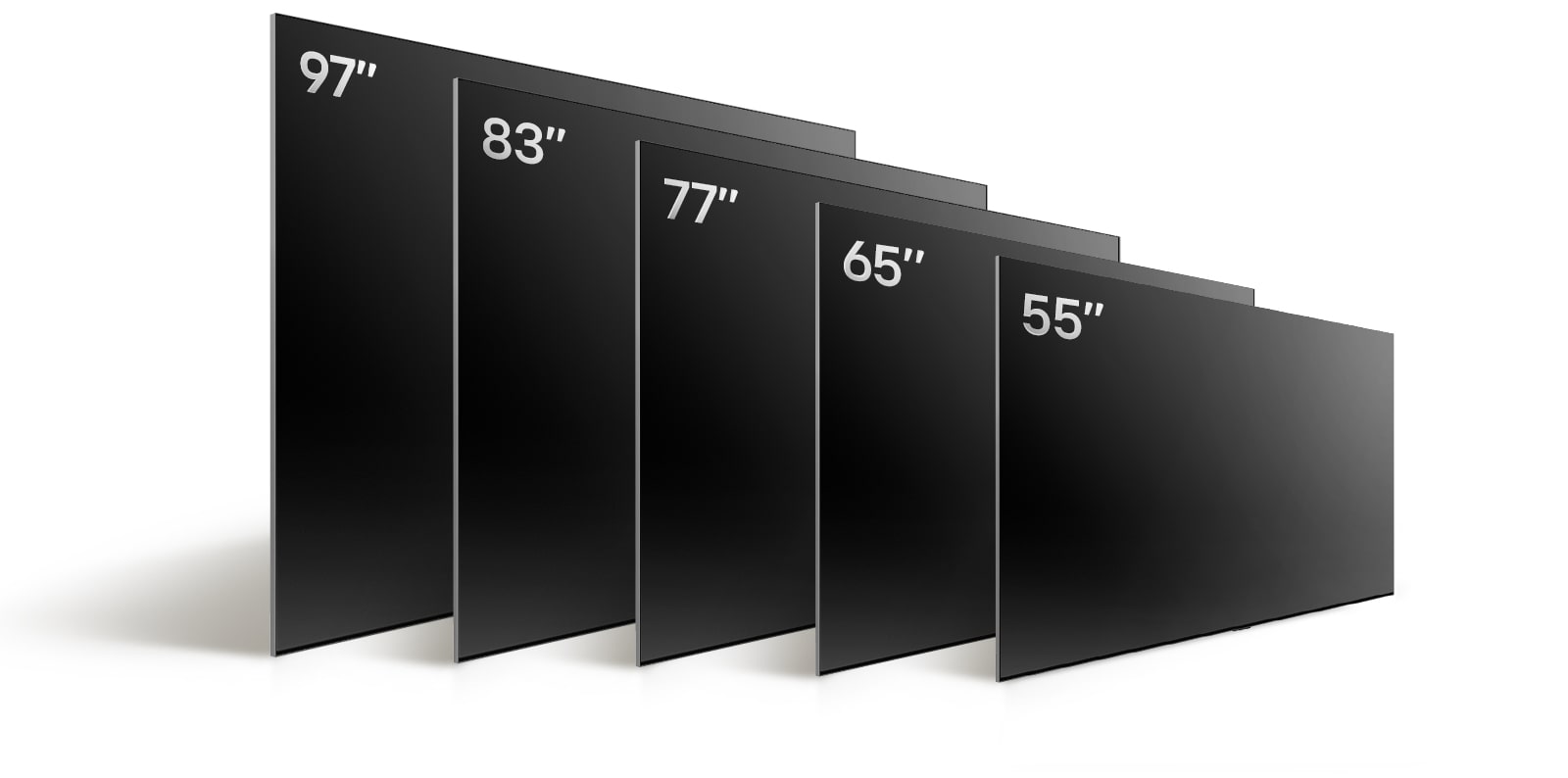 Vergleich des LG OLED evo TV G4 in verschiedenen Grössen: OLED evo G4 55 Zoll, OLED evo G4  65 Zoll, OLED evo G4 77 Zoll, OLED evo G4 83 Zoll und OLED evo G4 97 Zoll.