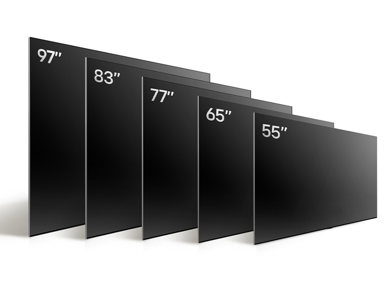 Vergleich des LG OLED evo TV G4 in verschiedenen Grössen: OLED evo G4 55 Zoll, OLED evo G4  65 Zoll, OLED evo G4 77 Zoll, OLED evo G4 83 Zoll und OLED evo G4 97 Zoll.