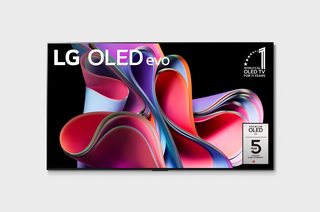 LG  83“ LG OLED TV, Vorderansicht mit dem LG OLED evo „11 Years World No.1“-OLED-Logo und Logo für 5 Jahre Garantie auf das Display auf dem Bildschirm, OLED83G39LA