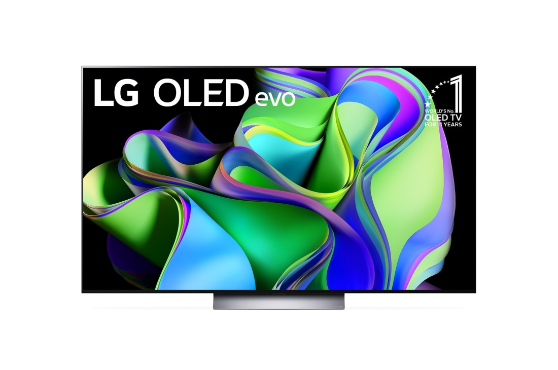 LG 77“ LG OLED TV, Vorderansicht mit dem LG OLED evo „11 Years World No.1“-OLED-Logo und Logo für 5 Jahre Garantie auf das Display auf dem Bildschirm, OLED77C39LC