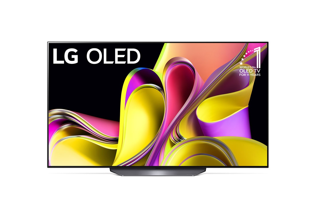 LG 77“ LG OLED TV, Vorderansicht mit dem LG OLED „11 Years World No.1“-OLED-Logo auf dem Bildschirm, OLED77B39LA