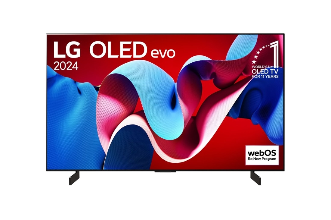 LG 42 Zoll LG OLED evo C4 4K Smart TV OLED42C4, Vorderansicht des LG OLED evo TV C4, Emblem „Bester OLED seit 11 Jahren“  und Logo „webOS Re:New-Programm“ auf dem Bildschirm, OLED42C47LA