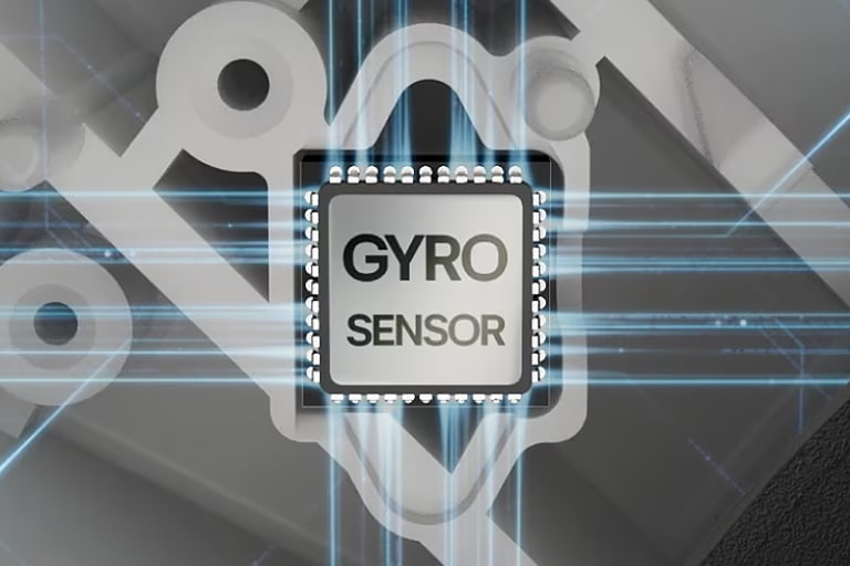 Gyro sensor chip illustration showing vibration detection technology inside commercial laundry equipment