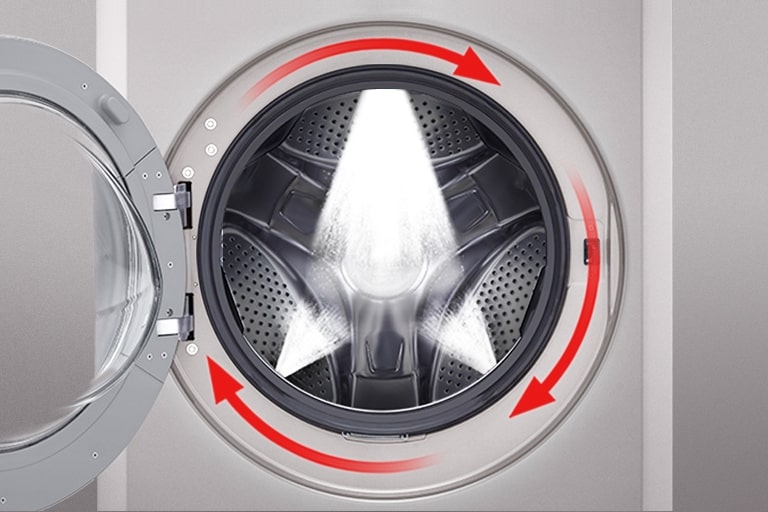 Inside view of a washing machine drum with water spray and arrows indicating optimized rotation