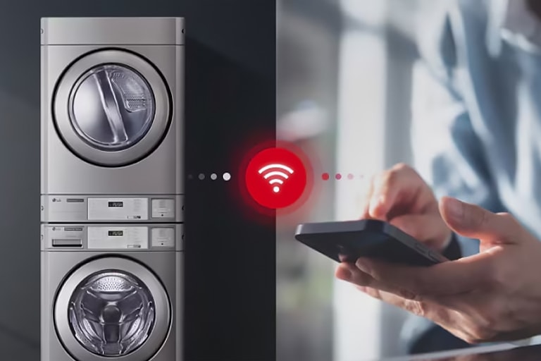 Commercial washer connected to a smartphone app, showing wireless remote control and monitoring