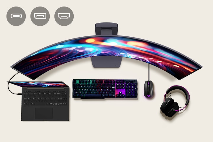 Top view of a curved LG UltraGear monitor connected to a laptop, gaming keyboard, mouse, and headphones, with icons indicating multiple connectivity options including USB-C, DisplayPort, and HDMI.