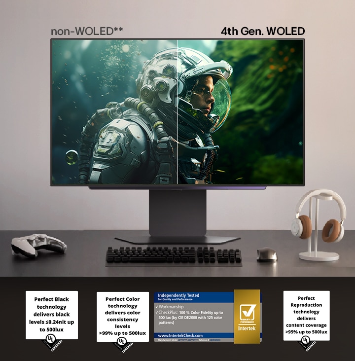 Masadaki LG UltraGear monitör, WOLED olmayan ekran ile 4. Nesil WOLED’i karşılaştırıyor: Uzay kaşifinin yüzü WOLED tarafında daha derin siyahlar ve daha zengin renklerle gösteriliyor; yanında ise Mükemmel Siyah, Mükemmel Renk ve Mükemmel Yeniden Üretim sertifika rozetleri yer alıyor.