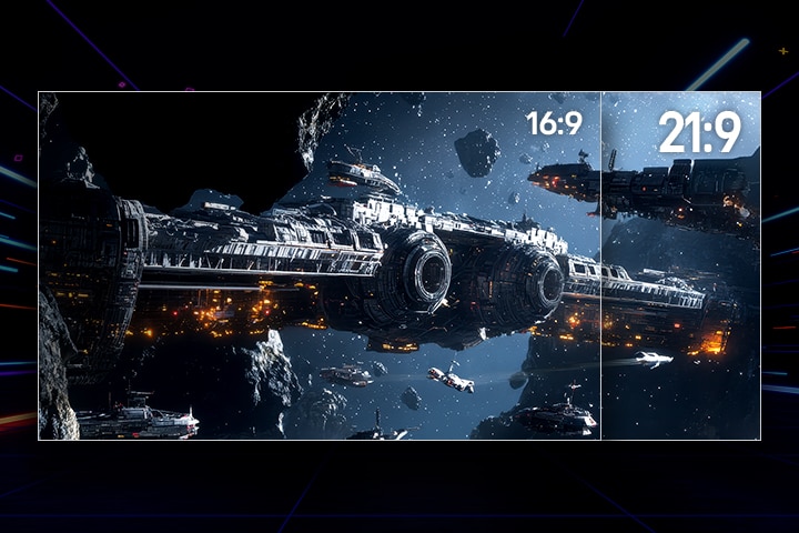 LG UltraGear ekranındaki bir uzay savaşı sahnesi, en boy oranlarını karşılaştırıyor ve daha dar 16:9 görünümü ile dev yıldız gemilerini ve çevredeki asteroitleri daha geniş biçimde ortaya çıkaran 21:9 görünümü yan yana gösteriyor.