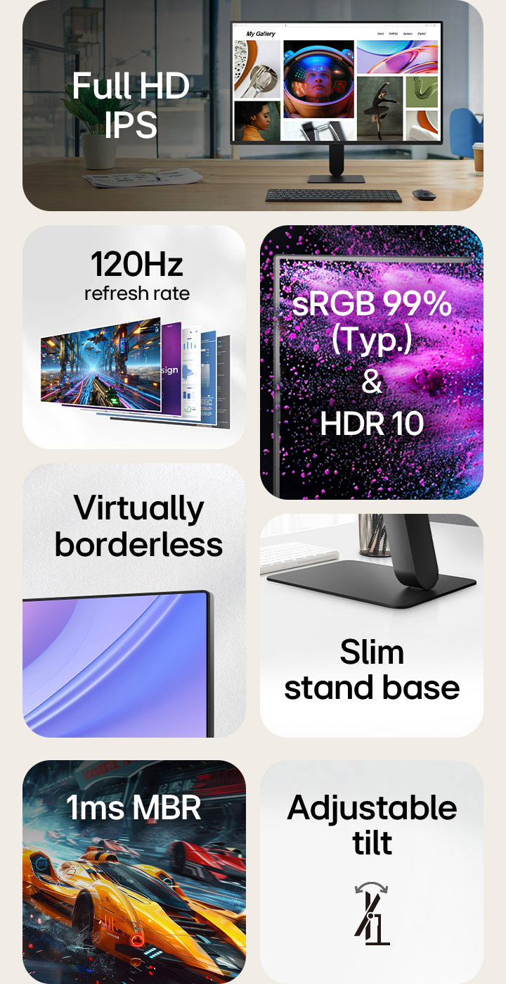 A grid-style feature overview of a monitor, highlighting key specs: Full HD IPS display, 120Hz refresh rate, sRGB 99% (Typ.) with HDR10, narrow bezel design, slim stand base, 1ms MBR (Motion Blur Reduction), and adjustable tilt. Each feature is shown with a representative image or icon.