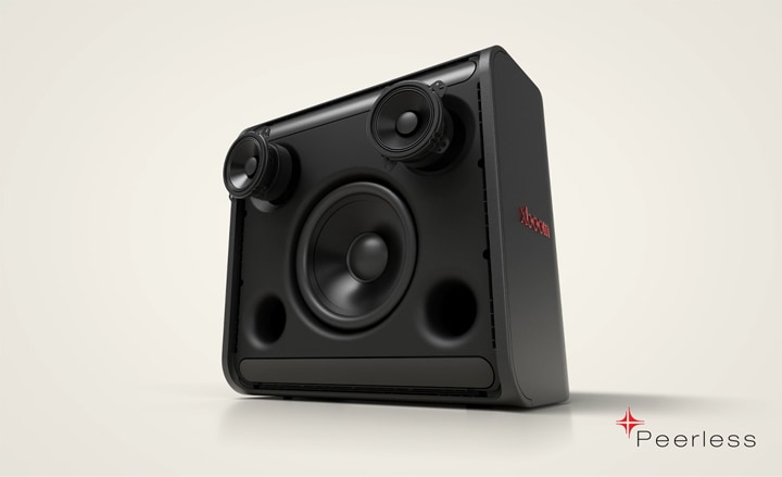 xboom Stage 301's internal parts are shown. Woofer and midranges are moving forward and vibrating rhytmically.