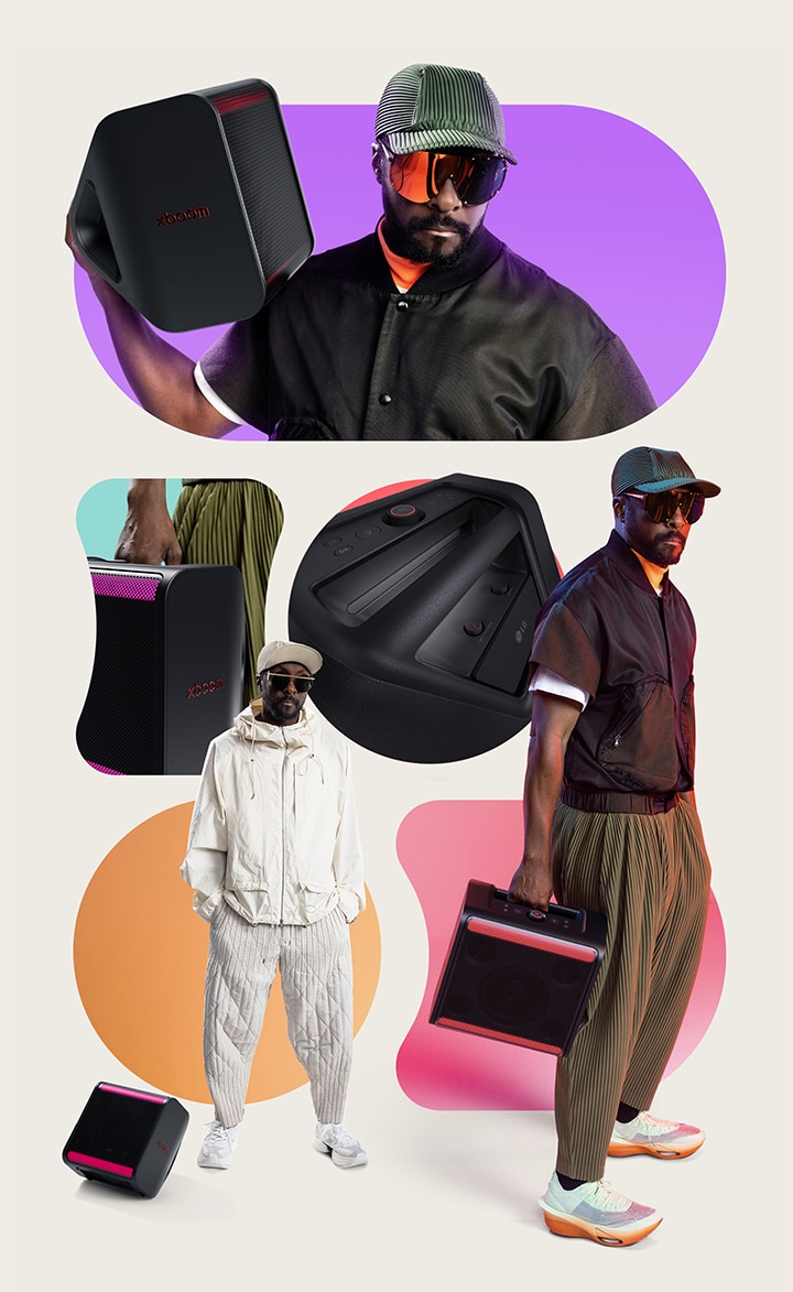 On top will.i.am in black outfit is holding xboom Stage 301 on his shoulder. In the middle, xboom Stage 301's partial image held by a hand stays on the left while its handle's close-up image stays on the right. On the bottom-left will.i.am in white outift stands right next to xboom Stage 301 on the ground. On the bottom-right will.i.am is holding xboom Stage 301 with his right hand.