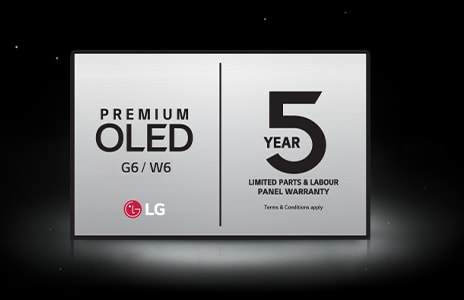 Le logo LG OLED Care+ ainsi que la garantie de 5 ans sur le panneau sur fond noir.