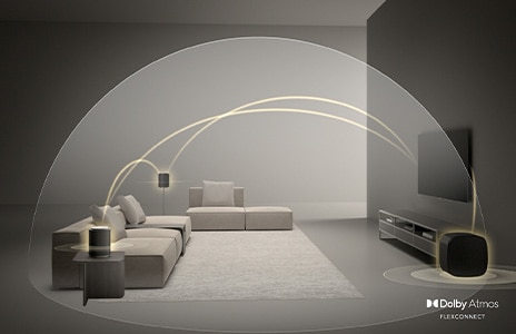 Le téléviseur LG et LG Soundbar se trouvent dans une pièce noire et diffusent une représentation musicale. Des gouttelettes blanches symbolisant les ondes sonores sont projetées vers le haut et vers l’avant à partir de la barre de son.