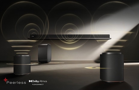 TV LG et LG Soundbar dans un salon diffusant un orchestre. Des gouttelettes blanches montrant des ondes sonores jaillissent de la barre de son vers le haut et l’avant et projetées par le téléviseur, tandis que le caisson de basses émet un son depuis le fond de l’écran.