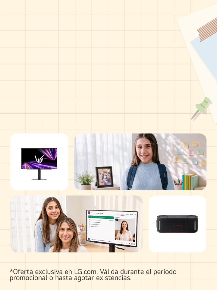 Banner promocional de regreso a clases con artículos tecnológicos LG. Se muestran un monitor, una estudiante con mochila, una madre e hija en una videollamada educativa y un parlante portátil, sobre un fondo con elementos escolares como lápices, notas adhesivas y hojas de cuaderno.