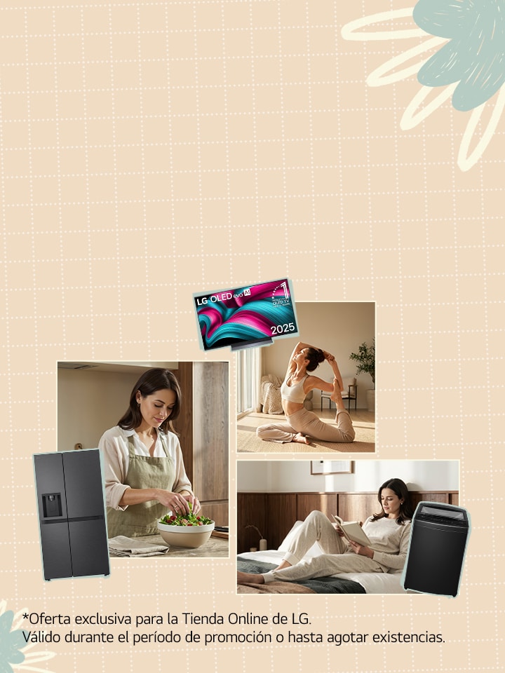 Visual clave de estilo de vida que muestra rutinas diarias en casa con electrodomésticos LG