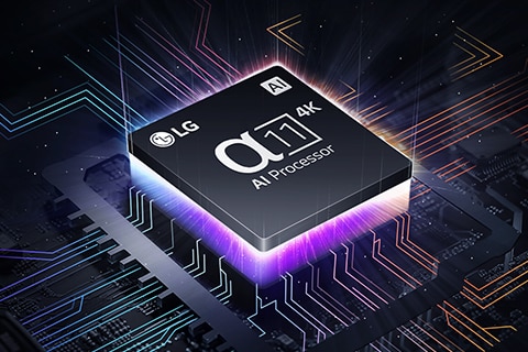 El Procesador α11 4K con IA sobre una placa madre, emitiendo rayos de luz morada y rosada.