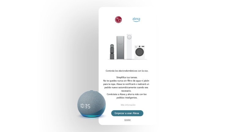 La imagen muestra la pantalla de pedidos inteligentes de la aplicación LG ThinQ junto a Alexa de Amazon.