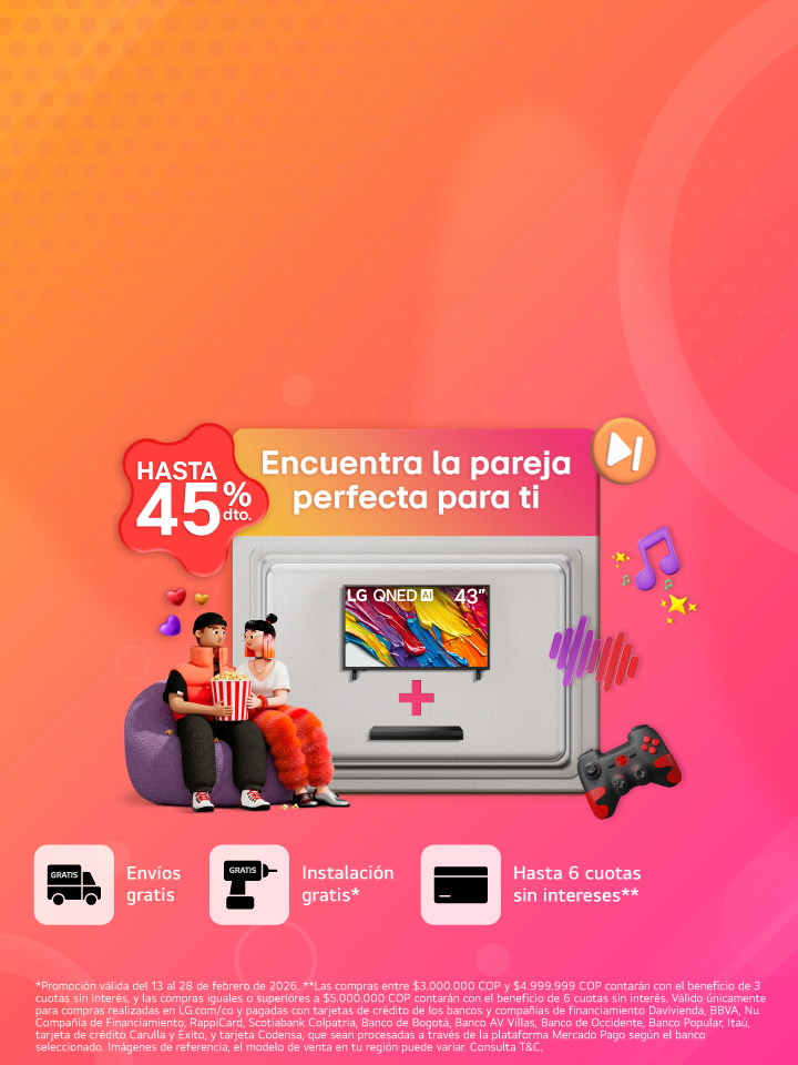 anner promocional aniversario lg, muestra un ponque un regalo, una lavadora carga superior lg con un corazón