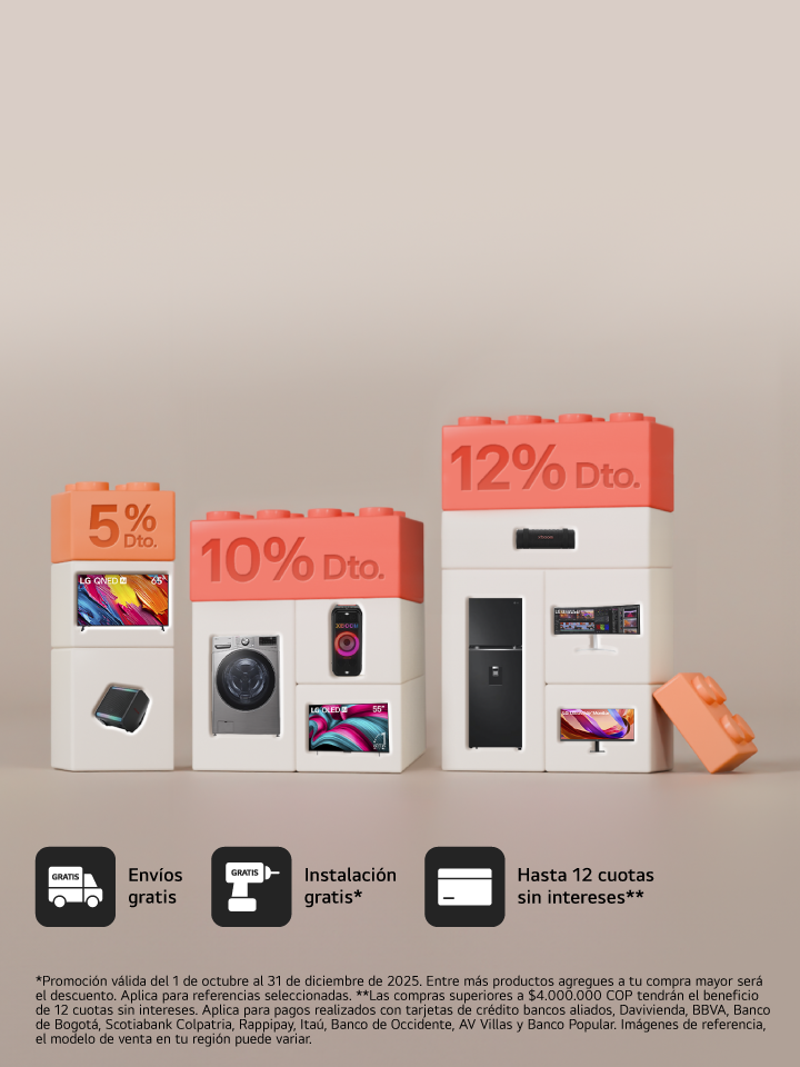 anner promocional aniversario lg, muestra un ponque un regalo, una lavadora carga superior lg  con un corazón