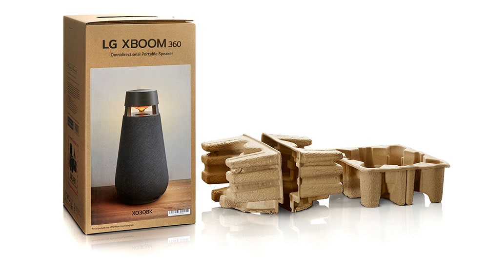 Ein Bild des XBOOM 360 DXO3 Box, der mit umweltfreundlichen Zellstoffverpackungen eingepackt wird.