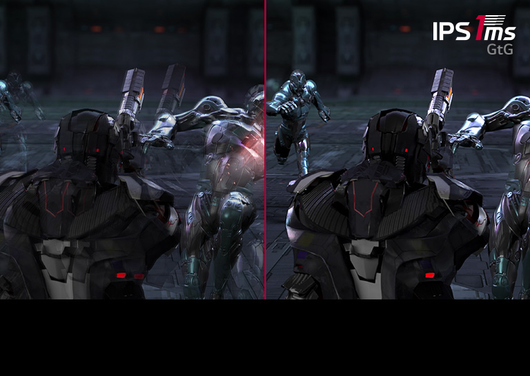 While the player guards and shoots against 3 opponents In the fast paced FPS game, the gaming scene with IPS 1ms (GtG) response time maintains more clear images without dimming and flickering screens, comparing to the scene with IPS 5ms response time.