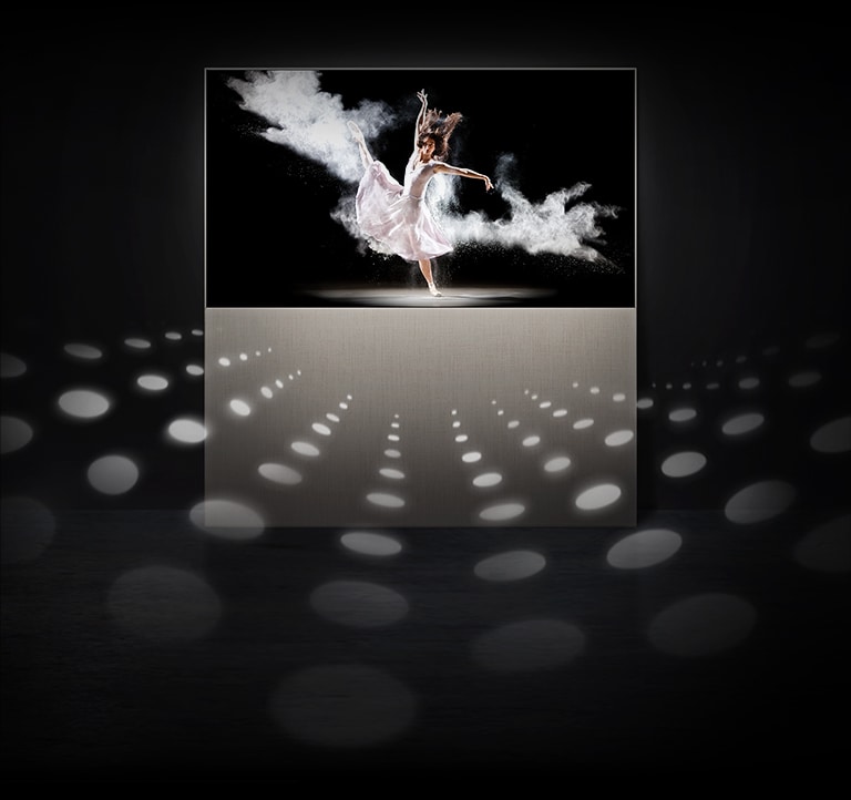 Objet in Full View mit Ballerina auf Bildschirm. Kreise, die Klänge darstellen, werden vom Fernsehgerät ausgesendet, um zu zeigen, das der Klang stark genug ist, um den Raum zu füllen.