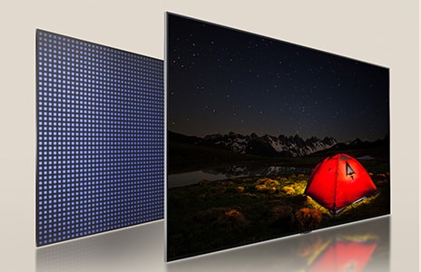 يأتي تلفزيون LG QNED TV مائل قليلاً إلى الجانب، ليكشف عن شاشة تلفزيون LG QNED TV والإضاءة الخلفية.