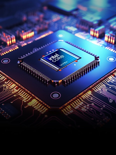 Primer plano de un procesador Intel Core Ultra integrado en una placa de circuito de alta tecnología. El chip está rodeado de un intrincado sistema de circuitos con luces naranjas y azules brillantes, que crean una estética futurista y de alto rendimiento.