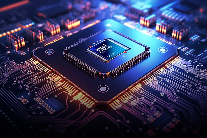 Un primer plano de un procesador Intel Core Ultra integrado en una placa de circuito de alta tecnología. El chip está rodeado de un entramado complejo de circuitos con luces naranjas y azules brillantes, que crean una estética futurista y de alto rendimiento. El procesador Intel Core Ultra de 25ª generación ofrece hasta un 18 % más de rendimiento que el procesador Intel Core de 24ª generación.