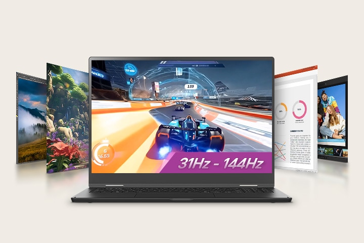 Una animación muestra un portátil exhibiendo una escena de un juego de carreras en su pantalla, con el texto destacado '31Hz - 144Hz', rodeado de pantallas adicionales que presentan diversos visuales. Esta configuración resalta la versatilidad en juegos y multimedia con una tasa de refresco variable.