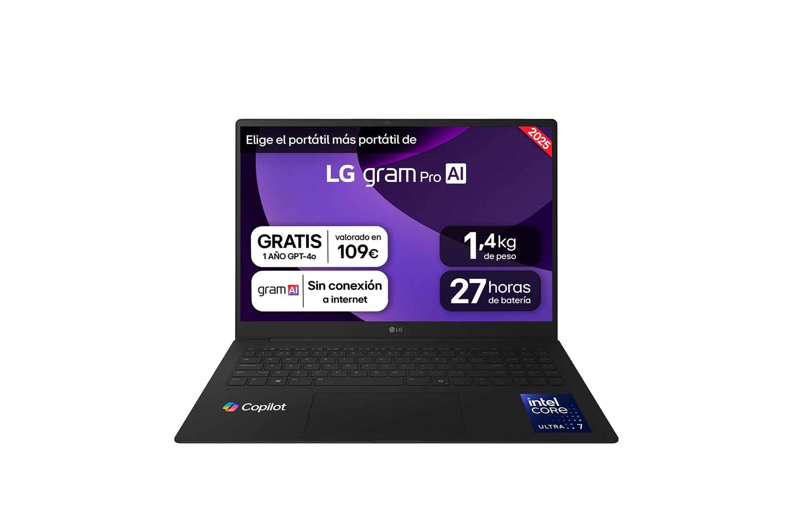 Vista frontal de Portátil 16" LG gram pro 16Z90TR, Windows 11, Intel® Core™ Ultra7 , 32 GB RAM , 1TB SSD, NVIDIA RTX5050 con GDDR7 8GB , Pantalla IPS (2560*1600),ligero, 1.360 g, 27 hs, AI, Negro 16Z90TR-E.AD88B