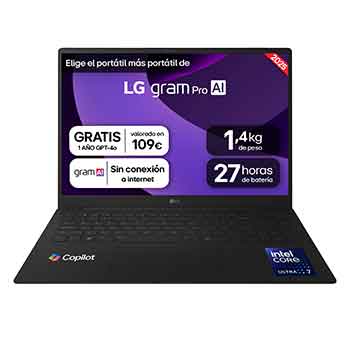 Vista frontal de Portátil 16" LG gram pro 16Z90TR, Windows 11, Intel® Core™ Ultra7 , 32 GB RAM , 1TB SSD, NVIDIA RTX5050 con GDDR7 8GB , Pantalla IPS (2560*1600),ligero, 1.360 g, 27 hs, AI, Negro 16Z90TR-E.AD88B