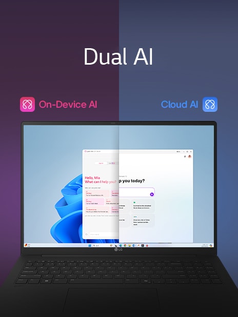 Imagen a pantalla dividida que muestra gram AI con dos modos diferenciados: ‘"On-Device AI" a la izquierda, representada por un icono rosa, y "Cloud AI" a la derecha, representada por un icono azul. La pantalla muestra una interfaz de AI que simboliza una funcionalidad continua y sin interrupciones entre ambos modos.