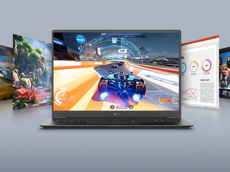 Un portátil muestra en su pantalla una escena llena de acción, con el texto destacado "31Hz - 144Hz", rodeado de pantallas adicionales con contenidos visuales variados. Esta configuración resalta la versatilidad del equipo para gaming y contenido multimedia gracias a su tasa de refresco variable.