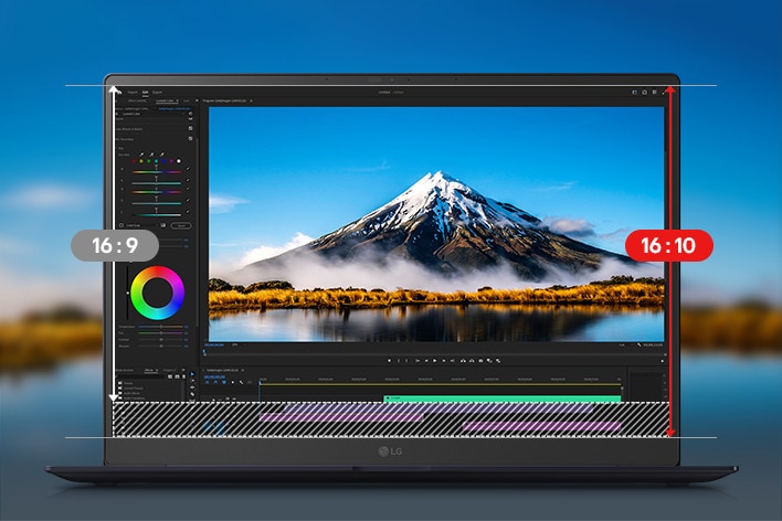Un portátil mostrando una interfaz de edición de video con un proyecto de diseño colorido en pantalla. Una animación resalta la transición de una relación de aspecto 16:9 a una 16:10, destacando el espacio vertical ampliado que ofrece la relación 16:10
