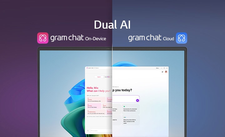 Una imagen de pantalla dividida que muestra «gram AI» con dos modos distintos: «gram chat On-Device» a la izquierda, representado por un icono rosa, y «gram chat Cloud» a la derecha, representado por un icono azul. La pantalla muestra una interfaz de AI que simboliza una funcionalidad de AI sin fisuras en ambos modos.