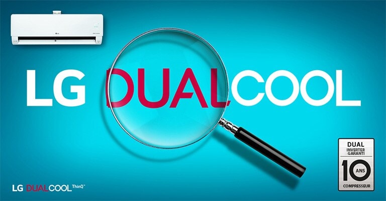 Le logo LG Dual Cool est agrandi à la loupe pour le mettre en valeur.