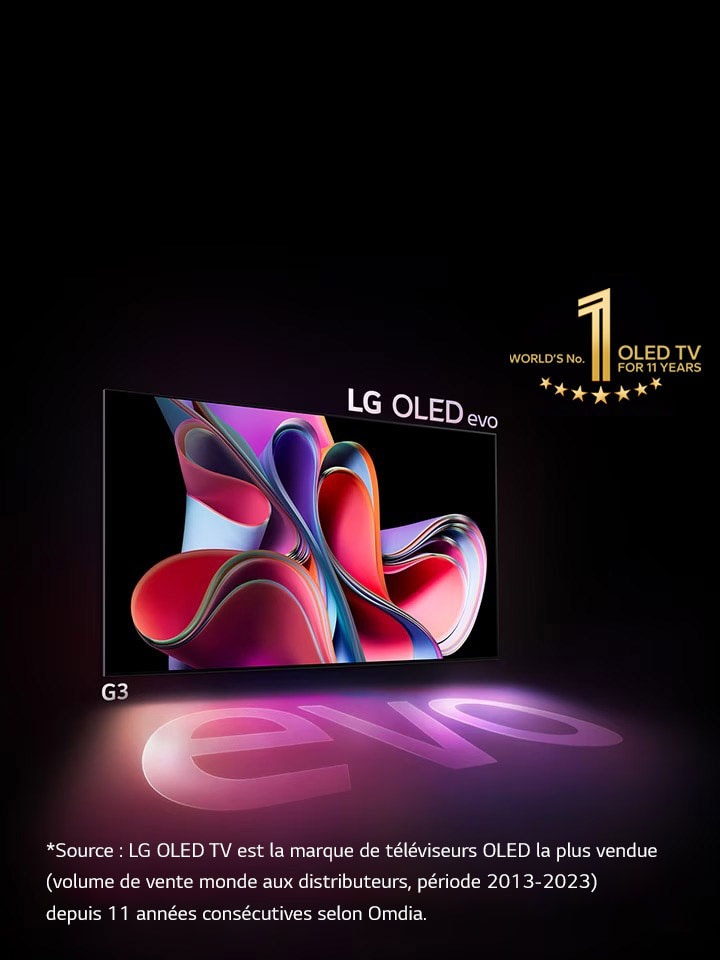 Image du LG OLED G3 contre un fond noir montrant une œuvre d’art abstraite rose vif et violette. L'écran projette une ombre colorée sur laquelle est inscrit le mot evo. L’emblème 10 ans N°1 des téléviseurs OLED se trouve à gauche de l’image.