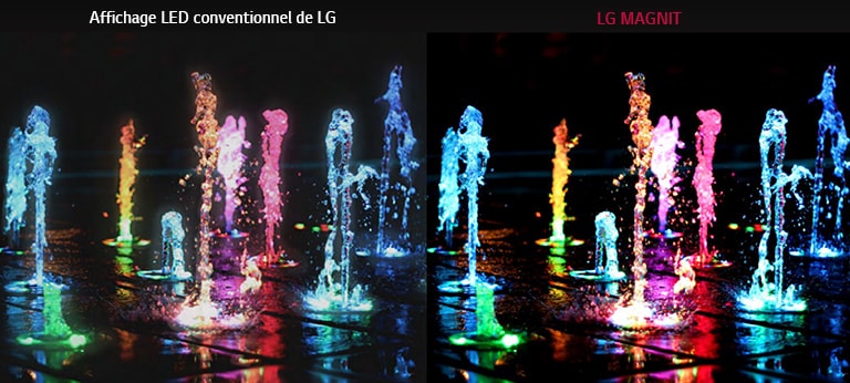 Fontaine au sol de couleurs différentes pour montrer la différence entre l’affichage LED conventionnel de LG et le MAGNIT au sujet du rapport de contraste et du caractère distinctif