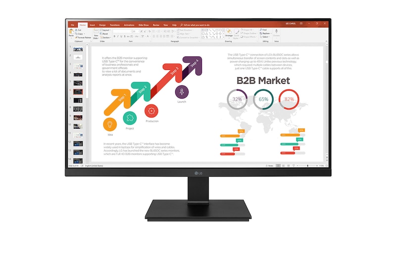 Vue avant de 24'' (60.4 cm) | Moniteur LED IPS 16/9 | Résolution FHD : 1920x1080 | HDMI, DisplayPort, USB-C (45W) | Haut-parleurs intégrés (2x1.2W) LG 24BL650C-B