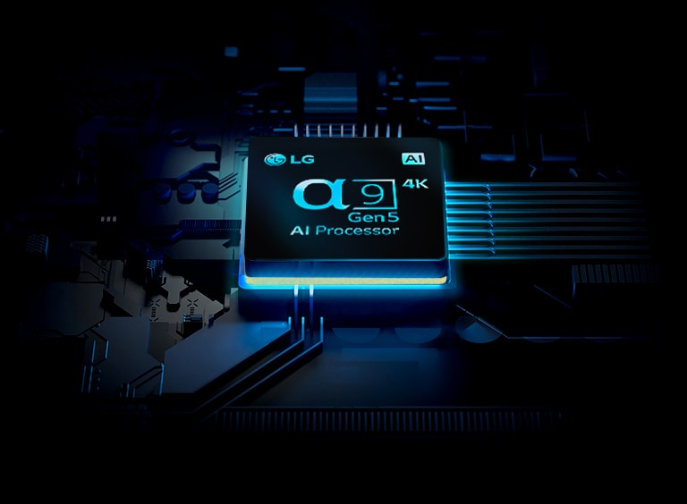 Image de la puce du Processeur ⍺9 Gen5 AI 4K LG en train d’émettre de la lumière.